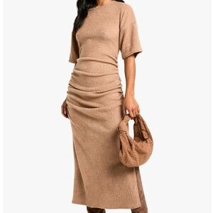 Elegant Tan Ribbed Knit Dress